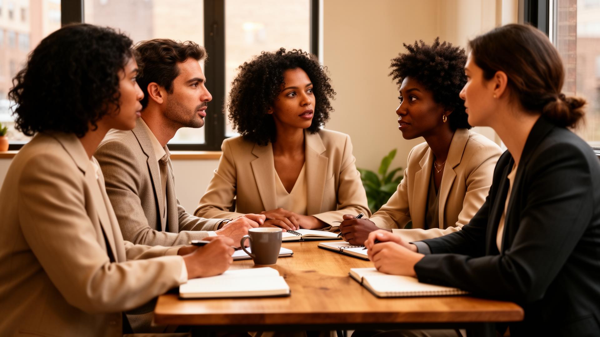 A small diverse group of professionals having a focused working conversation around a wooden table